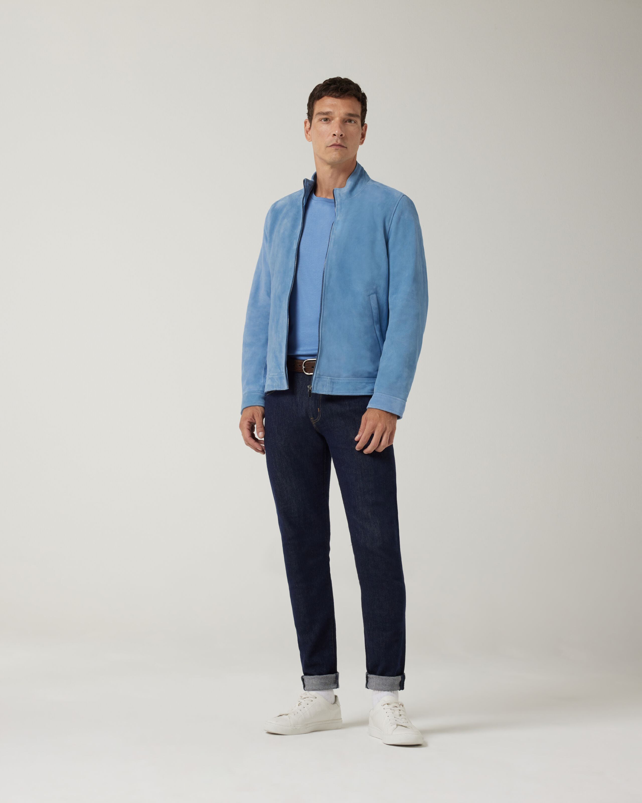 Suede Leather Racer Jacket Steel Blue A Statement Premium Piece In A Vibrant Colour. This Suede Leather Jacket Styles Well With Our Dark Denim And White Sneakers. Leather Jackets Politix